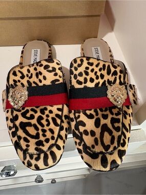 Steve Madden Leopard Print Mules with Red and Black Strap